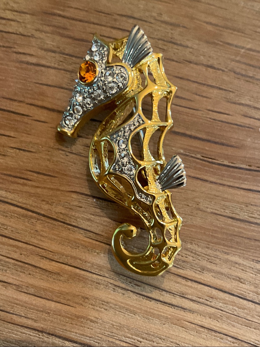 Butler Vintage Seahorse Brooch Rhinestones and Amber Eye